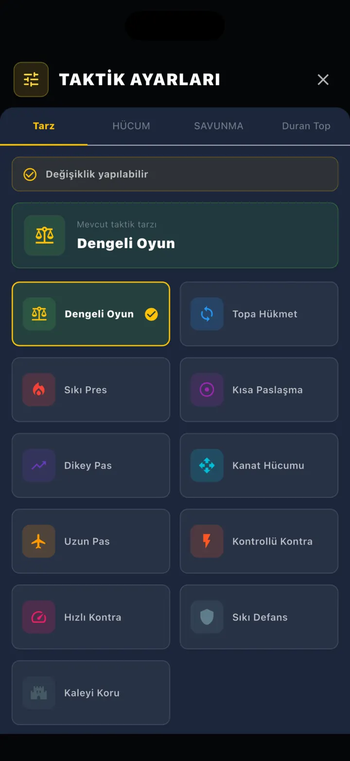 Taktik ayarları ekranı